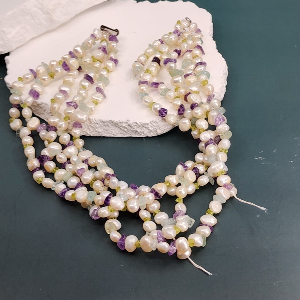 Baroque Freshwater Pearl Amethyst Multi Strand Necklace Gemstone Chips Broken